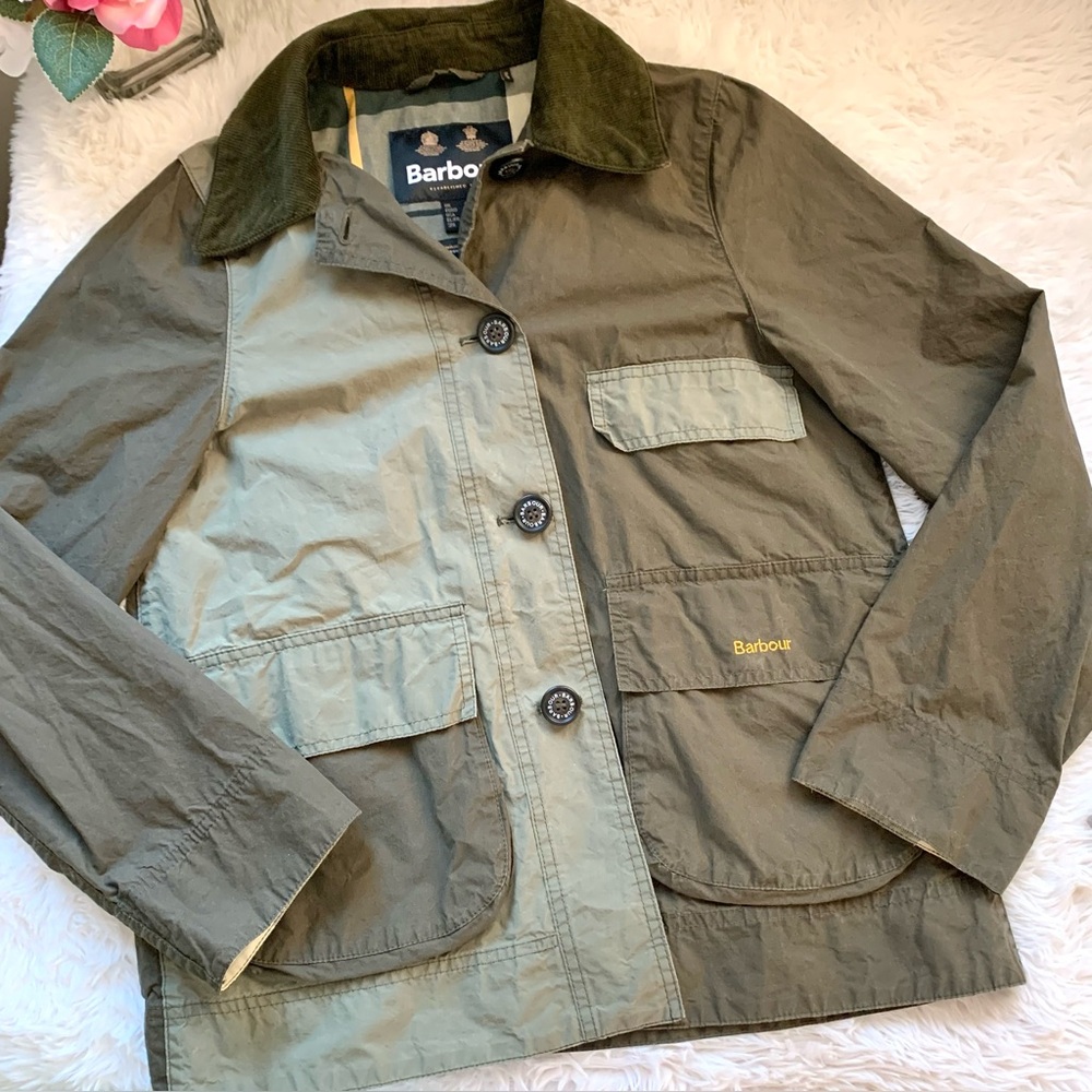 Barbour Garnock Showerproof Jacket with corduroy collar khaki green US 4 SM MED - Picture 8 of 16